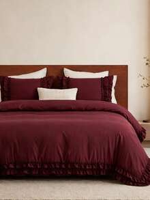 3pcs Skin-Friendly Soft Comfortable Burgundy Double Layer Ruffle Edge Duvet Cover Set (1*Duvet Cover + 2*Pillowcases, No Fillers), French Country Style, Lady Style, Girly Style, Bohemian Rural Style, Suitable For Bedroom, Guest Room, Boys And Girls Bedding, Machine Washable, All Season Use - Burgundy Solid Color - View 3