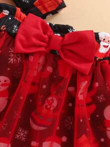 Cute Christmas Print Long Sleeve Bodysuit + Tulle Skirt + Headband 3 Pieces Set Outdoor Outfit - Red - View 5