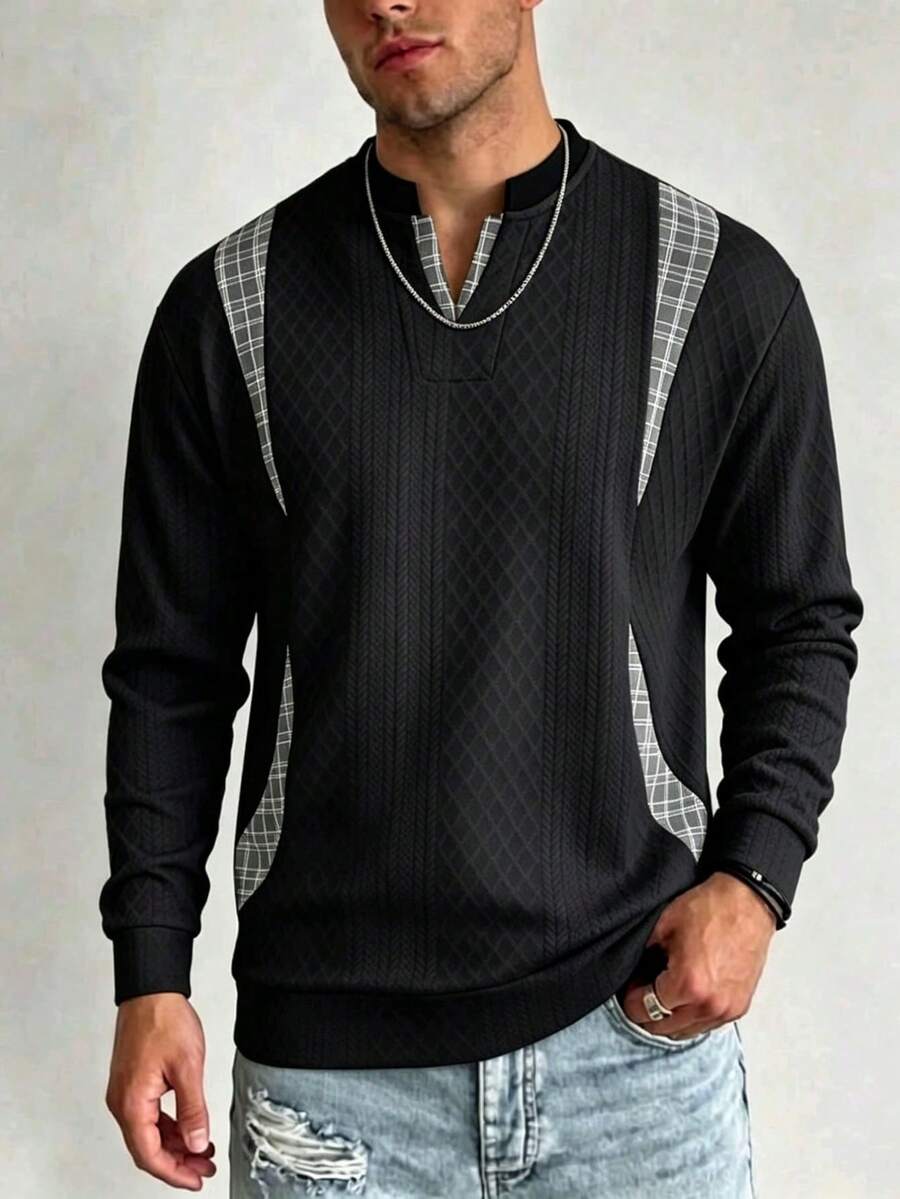 Sweatshirt Pullover Kasual Olahraga Kreatif untuk Pria, Atasan Pullover Lengan Panjang Longgar Leher V Serbaguna untuk Perjalanan Musim Semi/Gugur - Hitam - View 1