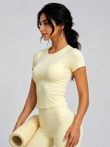 Women Nylon Basic Round Neck Short Sleeve Workout T‑Shirt, Stretchy Fitted Yoga Gym Running Sports Top - Yellow - View 6