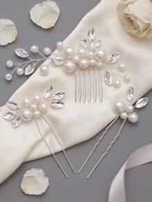 3pcs Elegant Faux Pearl & Rhinestone Twisted Hair Comb And U-Shaped Hair Pin Set, Forest Style Bridal Wedding Party Updo Hair Accessories, Beautiful Fairy-Like Pearl & Rhinestone Hair Ornaments, Versatile Hair Clips Combination For Wedding, Party, Photoshoot - Silver - View 9