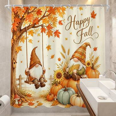1pc Autumn Maple Leaf Pumpkin Shower Curtain, Vintage Design, Waterproof Bath Curtain, Suitable For Bathtub Partition, Bathroom Decor And Bathroom Accessories, Home Decor Gift