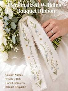 Personalized Wedding Bouquet Ribbon - Customizable Name And Date Floral Tapestry, Perfect For Bridal Shower, Birthday And Graduation Ceremony - Made Of Polyester, Elegant Design, Ideal For Wedding Guest Gifts And Celebration Decor, Sophisticated Style, Exquisite Craftsmanship. - Multicolor - View 4