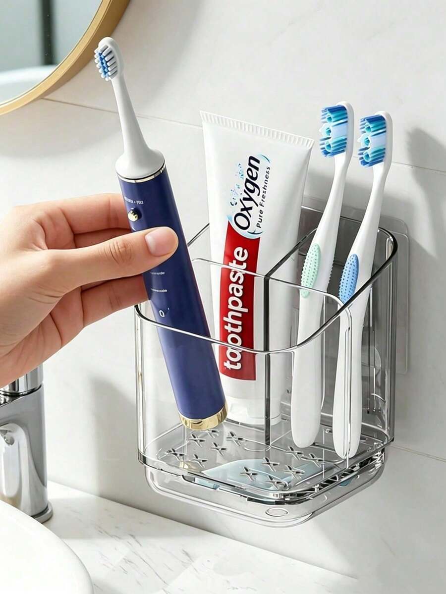 1pc Transparent Toothbrush Holder, Divided Wall-Mounted Storage Rack, Multi-Functional Bathroom Storage Accessory, Creative Drill-Free Bathroom Organizer, For Storing Toothbrush Tools, Combs And Razors, Home Bathroom Decor