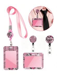 Pink Leopard Print Rhinestone ID Card Holder With Lanyard, ID Card Storage Box, Anti-Loss Lanyard, Student ID Card Holder, Self-Service Restaurant Card Holder, Slide Cover, Dual Card Slot, Small Card Slot, Bus Card Holder, Non-Induction, Bank Card Holder, Subway Card Storage, Adjustable Portable ID Card Holder Decorative Keychain, Suitable For Office Workers And Students, Perfect Gift, Back To School Season Gift, Couple Card Holder, Bank Card Holder, Travel Essential, Back To School Season, Thanksgiving, Halloween, Christmas, Commute, Business Trip, Teacher's Day Gift - Multicolor - View 1
