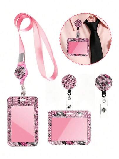 Pink Leopard Print Rhinestone ID Card Holder With Lanyard, ID Card Storage Box, Anti-Loss Lanyard, Student ID Card Holder, Self-Service Restaurant Card Holder, Slide Cover, Dual Card Slot, Small Card Slot, Bus Card Holder, Non-Induction, Bank Card Holder, Subway Card Storage, Adjustable Portable ID Card Holder Decorative Keychain, Suitable For Office Workers And Students, Perfect Gift, Back To School Season Gift, Couple Card Holder, Bank Card Holder, Travel Essential, Back To School Season, Thanksgiving, Halloween, Christmas, Commute, Business Trip, Teacher's Day Gift