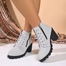 Women's Vintage High Heel Ankle Boots, Rhinestone Embellished Lace-Up Boots With Zipper Pendant Decor, Suitable For Trench Coat, Dress, Daily Commute Outfits - Grey - View 7