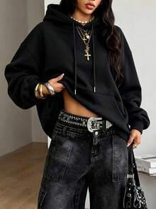 Women's White Loose Comfortable Hooded Sweatshirt, Warm Lining Drawstring Pullover, With Pockets, Suitable For Autumn/Winter Wear - Black - View 3