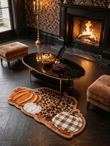 1 pieza Alfombra con estampado de leopardo de dibujos animados y cuadros con forma de calabaza, estilo vintage de Halloween, Halloween, felpudo para exteriores, alfombra de cocina, decoración del hogar, alfombra de área, alfombra de jardín, alfombra lavable - Multicolor - Ver 8