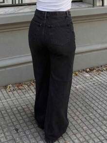 Teen Girls Pocketed Straight Loose Casual Versatile Jeans - Black - View 2
