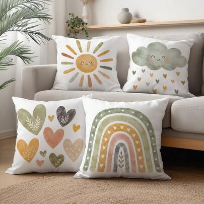 4pcs Watercolor Sun Rainbow Cloud Heart Pattern Pillow Covers, Single-Sided Printed Zipper Closure Cushion Covers, 45*45CM Pillow Covers Suitable For Home Bedroom Living Room Sofa Decoration, Decorative Cushion Covers Holiday Gift, Pillow Insert Not Included