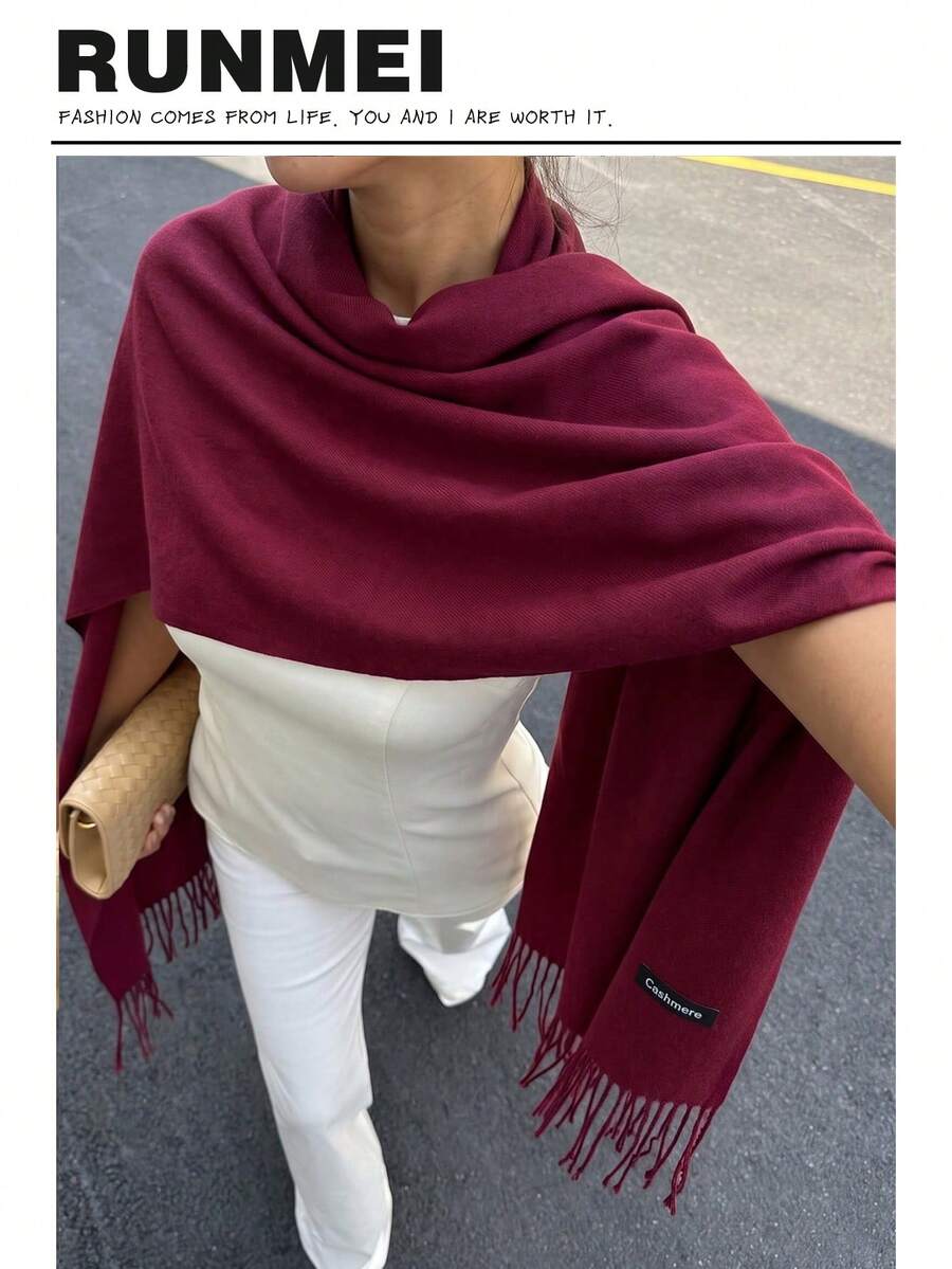 1pc Women's Classic Minimalist Cashmere Scarf, Versatile Neck Scarf Bow Accessory For Daily Wear And Commuting - Burgundy Red - View 1