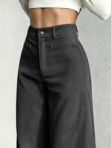 Yaxuan 1pc Solid Color Polyester High Waist Loose Wide Leg Pants With Button, Pocket And Zipper, Casual Commute Long Pants For Spring, Summer And Autumn - High-grade Gray - View 1