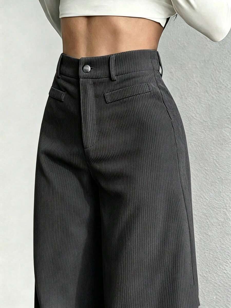 Yaxuan 1pc Solid Color Polyester High Waist Loose Wide Leg Pants With Button, Pocket And Zipper, Casual Commute Long Pants For Spring, Summer And Autumn - High-grade Gray - View 1