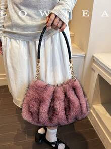 low tea 1pc Fashion Cloud Pleated Plush Fabric Shoulder Bag, Suitable For Commuting, Shopping, Etc. - Pink - View 12
