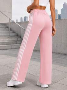 Women Wide Leg Track Pants Elastic Drawstring Waist Four Side Stripes Casual Athletic Pants For Training Daily Wear. - Pink - View 5