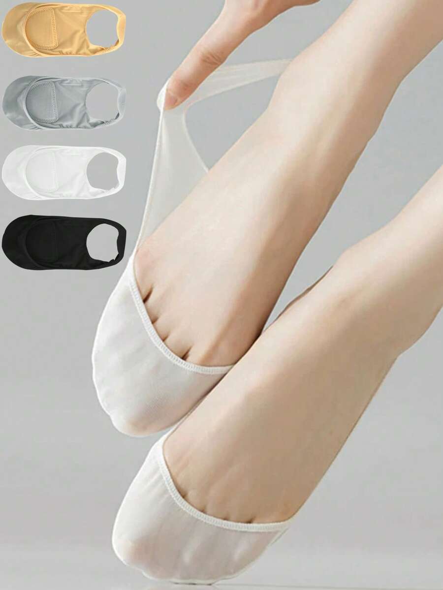 chuanwa（2） 1/5/10 Pairs Women's Summer Solid Color Ice Silk Boat Socks Ultra-Thin Soft Non-Slip Half Palm Invisible Socks Breathable Fashion Comfortable