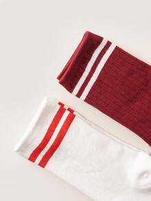 2 Pairs Of Red And White Women's Double-Leg Stockings, With An Athletic Academy Style - Multicolor - View 3
