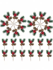 20/10/1pc Christmas Pine Cone Berry Picks, Artificial Pine Branches With Red Berries, Rustic Holiday Floral Arrangements For Christmas Tree, Wreath & Home Decor - Multicolor - View 5