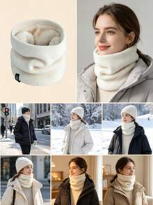 1# Beige Unisex Autumn/Winter Outdoor Warm Windproof Fleece Thickened Fashion Ski Neck Warmer Scarf Suitable For Daily Wear - Beige - View 1