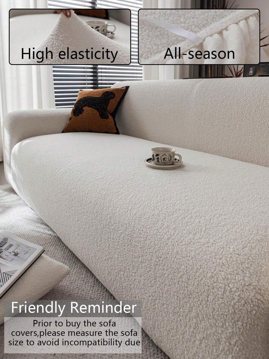 1pc Romantic Wedding Season Beige Teddy Fleece Sofa Cover, Elastic Multi-Functional Full Coverage Sofa Protector With Multi-Color Geometric Pattern Design, Plush Material Warm For Winter, Protects Sofa, Holiday Decoration, High Elasticity One-Piece Sofa Cover - Beige - View 1