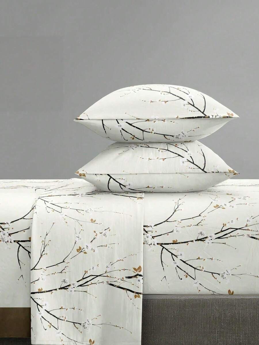 4-Piece Beige Plum Blossom Branch Pattern Bedding Set, Includes 1 Fitted Sheet, 1 Flat Sheet And 2 Pillowcases, Pillow Inserts Not Included. Fitted Sheet Set, Available Sizes: King, Queen, Full, Twin. Fitted Sheet Deep Pocket Design, Fits Up To 11.8 Inch Mattress. Soft And Breathable, Wrinkle-Resistant - Beige - View 1
