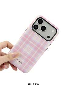 GIIPPA 1pc Pink Plaid Pattern Design Phone 17 Pro Max Phone Case, Compatible With Phone 16 Pro Max, 15 Pro Max, 14 Pro Max, Korean-Style High-End Fashion Fun Phone Case, Compatible With 11/12/13/14/15/16 Pro Max Plus, Elegant Design Suitable For Men And Women, Perfect Gift For Girlfriend On Christmas, Valentine's Day, Easter, Wedding Season And Birthday! - Pink - View 5