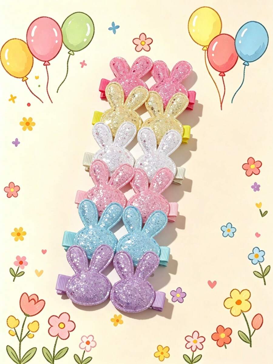 12pcs Baby Hair Clips, Cute Glitter Rabbit Head Design, Skin-Friendly Non-Snag Fabric-Wrapped Clips, Suitable For All Seasons, Daily Home Leisure, Holiday Party Celebration Gift, Fashionable Mom & Baby Essential, Perfect For Baby Photo Shoots - Multicolor - View 1