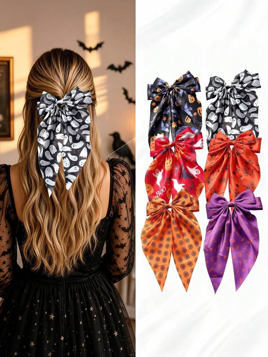 1pc Halloween Black Spider Web Embroidered Tulle Long Tail Bow Hair Clip, Cute Hair Clip For Girls, Gift Party Hair Accessory Halloween Bows - Multicolor - View 1