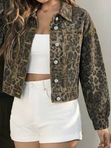 Women's Y2K Denim Jacket, Lapel Long Sleeve Aviator Jacket, Vintage Grunge Style - Leopard - View 6