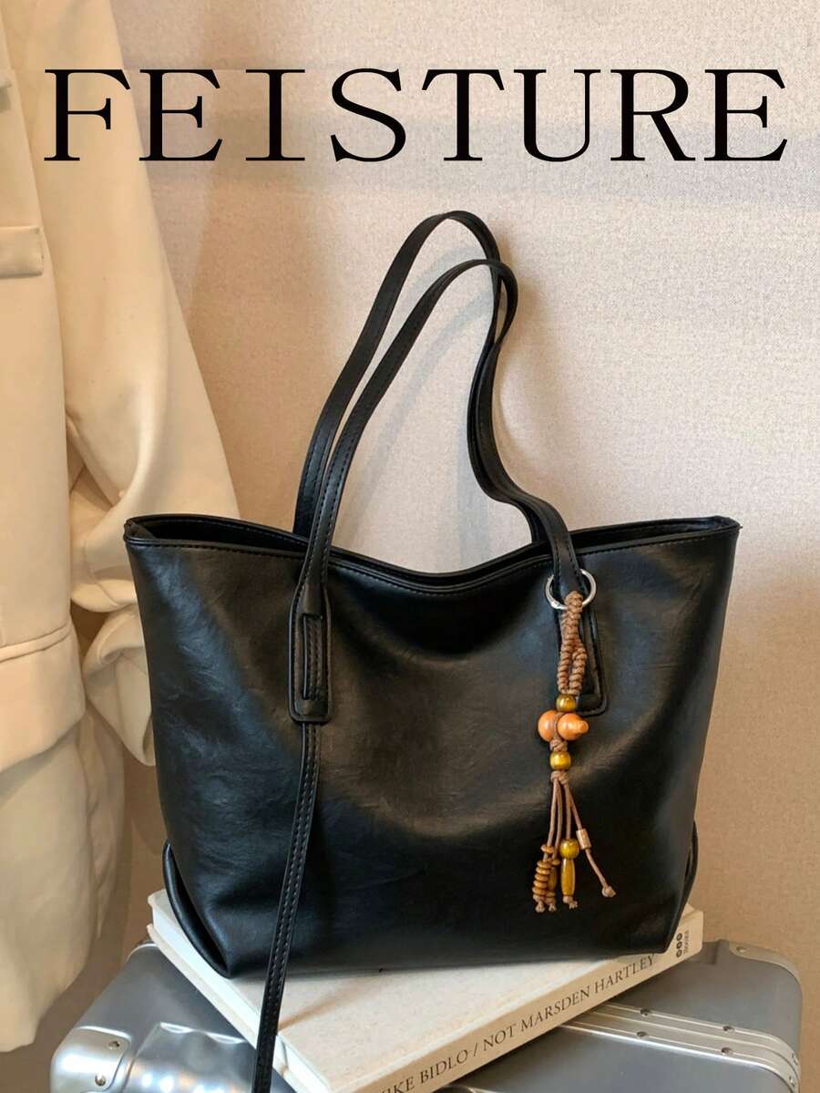 1pc Vintage Large Capacity Commuter Tote Bag, Zipper Closure, Pendant Decoration, Suitable For Daily Outing, Dating, Commuting
