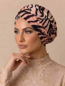 حجاب مخطط للنساء المسلمات، غطاء رأس محبوك وملتوي، وشاح رأس ناعم ومرن وغير قابل للانزلاق، مناسب للارتداء اليومي والمناسبات الاحتفالية - طبعة خطوط النمر - مشاهدة 3