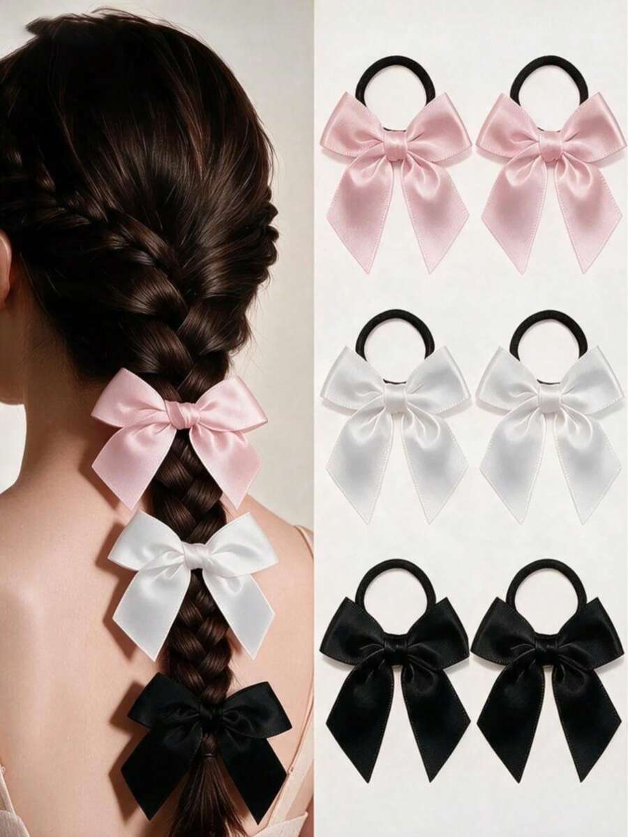 6pcs Girls Fashion Bow Ribbon Hair Ties Hair Ropes Vintage Elegant Style Hair Bands Suitable For Daily Wear, Outings, Travel, High Ponytail, Autumn Outfit, Hair Accessories, Women Hair Ornaments - Black, White, Pink - View 1