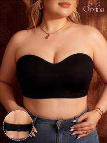 Plus Size Women's Bandeau Bra, Black Minimalist Comfortable Wireless Bandeau, Seamless Anti-Slip Bandeau Lingerie, Invisible Anti-Sagging Bra, Suitable For Daily Wear - Black - View 6