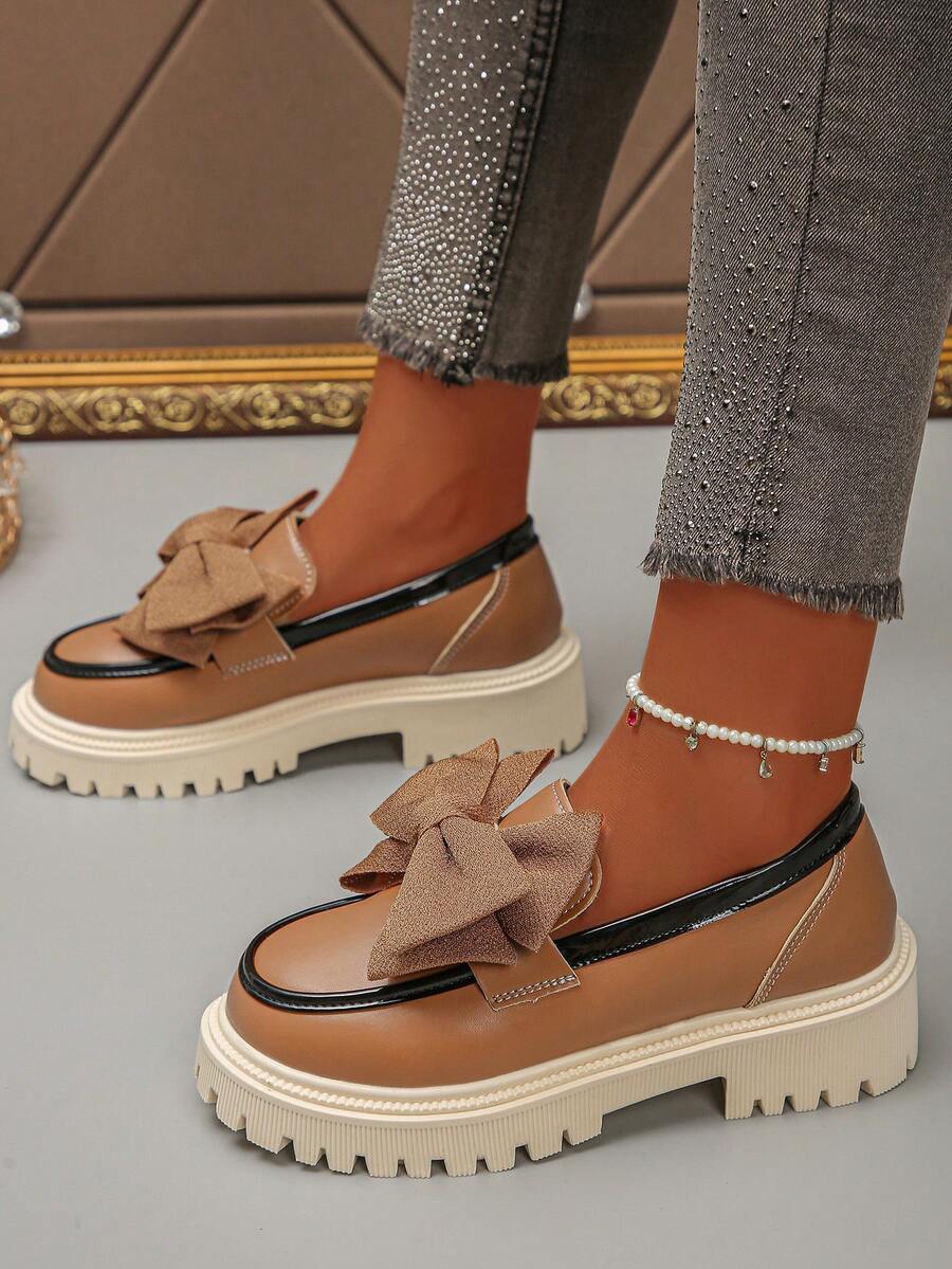 Women's Wedge Heel Thick Sole Loafers With Bow Decor, Fashionable Versatile Slip-On Shoes - Khaki - View 1