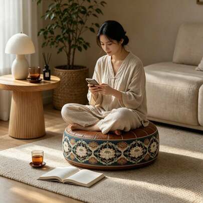 Chinese Lotus Embroidery Round Soft Ottoman, Vintage Faux Leather Padded Floor Stool, Traditional Floral Embroidery Decoration, Multi-Purpose As Extra Seating, Footstool, Coffee Table, Suitable For Living Room, Tea Room And Meditation Space