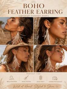 outingfit 1pc Women's Feather Tassel Earrings, Bohemian Style Rhinestone Star Earrings, Exotic Party Evening Accessory - Right Ear - View 2