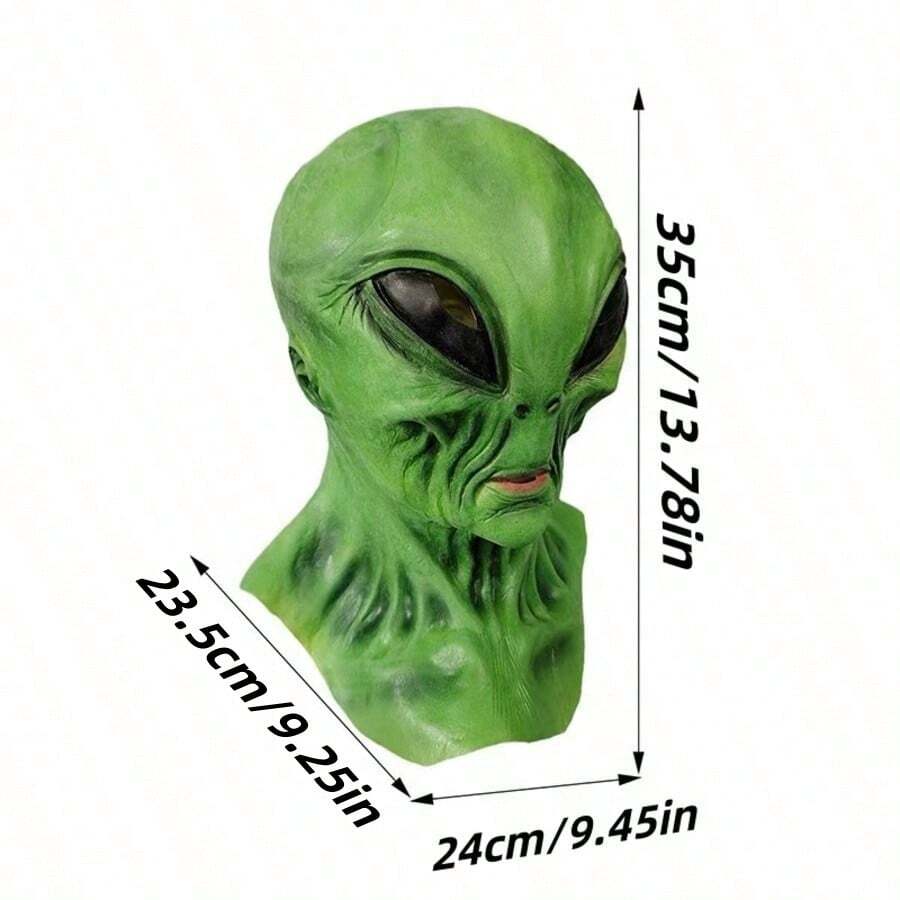 1pc Realistic Green ET Alien Mask, Full Neck Latex Head Mask, Suitable For Halloween Costume Party - Multicolor - View 1