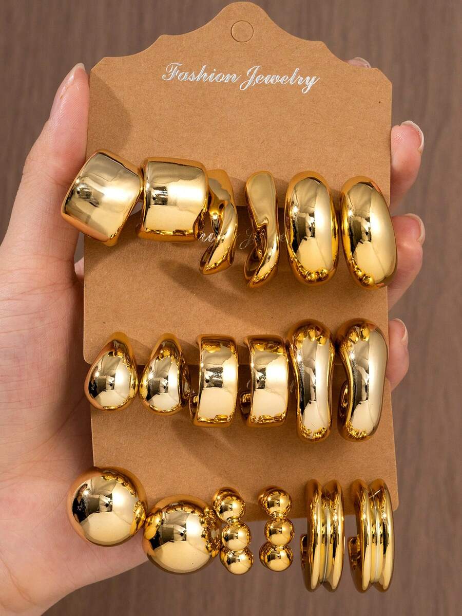 6/18pcs Gold Fashion Vintage Multi-Style Geometric Element Women's Earrings Set, Exaggerated Elegant Earrings, Suitable For Daily, Holiday, All Seasons Wear - Gold - View 1