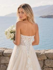 YOUKEFEIER New Elegant Strapless Lace A-Line Long Wedding Dress With Tie Design, Flattering Height And Slimming, Romantic Bridal Gown For Wedding Ceremony - Beige - View 4