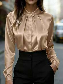 Women's Elegant White Polyester Blouse, Long Regular Sleeves, Shirt Collar, Button Detail, Suitable For Office Wear, Non-Stretch Fabric - Khaki - View 4