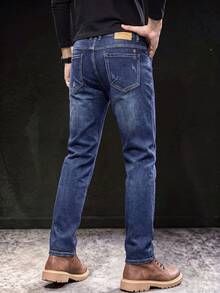 Celana Jeans Denim Slim Fit Pria dengan Detail Garis-Garis Tipis yang Terlihat, Bahan Elastis yang Nyaman, Tidak Ketat, Celana Jeans Kasual Serbaguna untuk Pakaian Kerja. - Biru - View 8