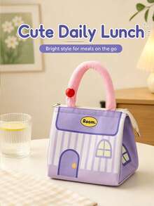 Cute House-Shaped Lunch Bag, Polyester Material, Striped Pattern, Portable Handheld Tote Bag, Suitable For Women And Girls, Office, School, Picnic, Travel, Daily Use, Spring/Summer Outdoor Activities - Multicolor - View 2
