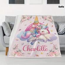 1 Personalized Unicorn Theme Pattern, Unicorn Pattern, Flannel Blanket, Customized Name - Suitable For All Seasons, Soft, Lightweight, Perfect For Sofa, Bed, Outdoor - Perfect Birthday And Holiday Gift For Family And Friends - Multicolor - View 8