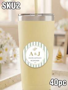 8/20/40pc Personalized Custom Monogram Wedding Stickers, Custom Names Date Round Sealing Labels, Green Stripe Floral Pattern, Wedding Favor Souvenir Gift, For Bride Groom Wedding Guests, Envelope Cup Gift Box Matchbox, Wedding Party Decor Stickers - Multicolor - View 21