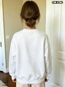 Kids Casual Cute Round Neck Long Sleeve Sweatshirt, Loose Fit Breathable Top With Cartoon Bread Fish Print & Letters, White Spring Autumn Daily Wear - White - View 5