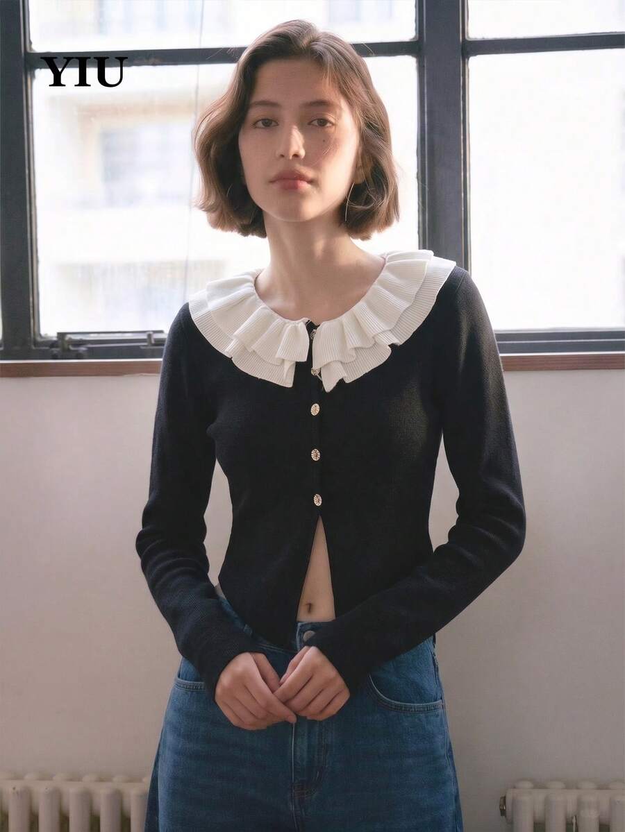 YIU Damen schwarzer Strickpullover, weißer Rüschenkragen, Langarm, Basic Top, Knopfdesign vorne, perfekte Wahl für den Herbst - Schwarz - Übersicht 1