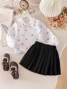 2pcs/Set Girls Toddler Outfit, Simple Casual Style Bow White Shirt And Black Pleated Skirt Set, Spring/Autumn - Black - View 1