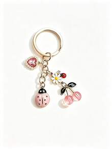Enameled Alloy Ladybug Daisy Cherry Pendant, Cute Girly Backpack Charm, Exquisite Personal Accessory, Ladybug Keychain With Small Daisy, Cherry, And Heart Rhinestone Combination, Girly Heart Bag Charm, Versatile And Exquisite Car Keyring, Best Friend - Multicolor - View 10