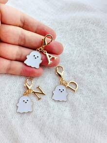 1Pc Mini Zinc Alloy Ghost Keychain, Cute Halloween Enamel Charm, White Ghost & Letter Pendant, Spooky Style, Bag Charm, Gift, Holiday Decor - Multicolor - View 1